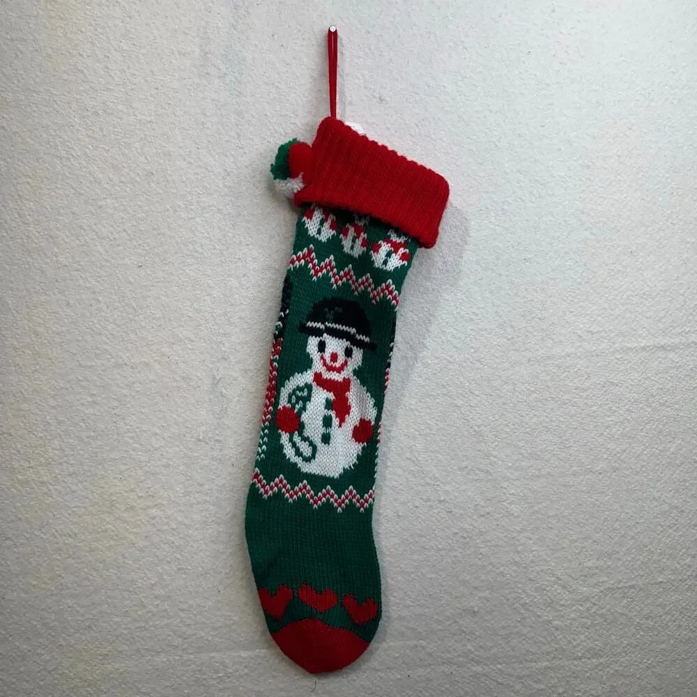 VTG Acrylic Knit Christmas Stockings Festive Snowman Teddy Bear Holiday Presents
